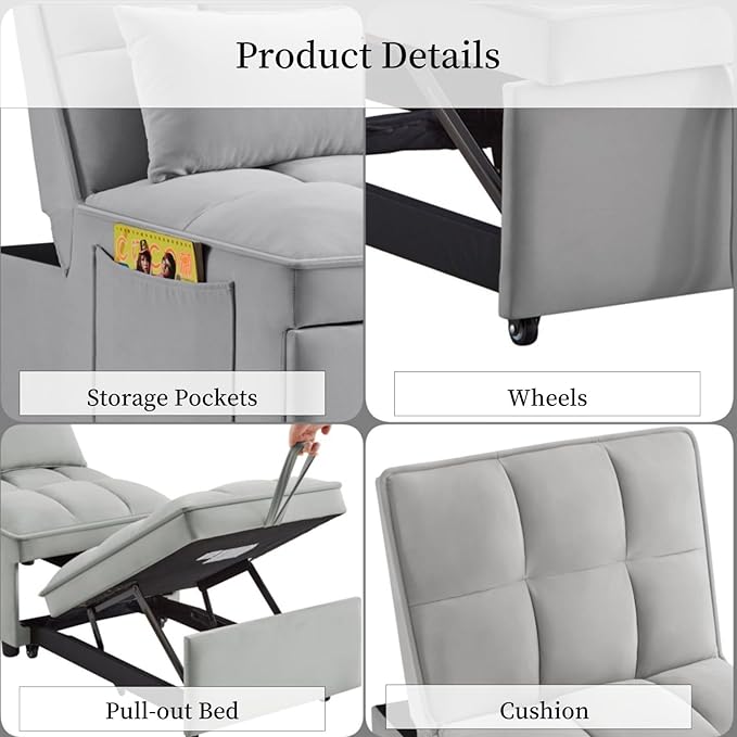KEIKI Velvet Single Convertible Sleeper Chair Sofa Bed with Adjustable Backrest, Pillows & Storage Pockets, 3 in 1 Pull-Out Couch Chaise Lounge Recliner for Living Room Balcony Bedroom, Grey