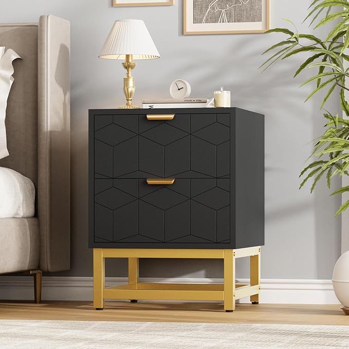 GAOMON Black 2 Drawer Dresser, Small Dresser＆Chest of Drawers, Modern Nightstand for Bedroom, End Table with Drawer for Living Room, Hallway, Entryway