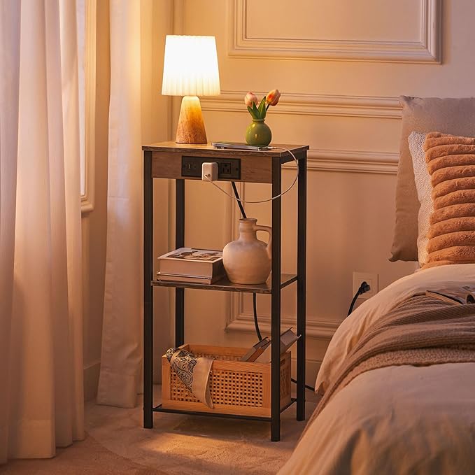 HOOBRO Tall End Table with Charging Station, 30 Inch Tall Nightstand, 3-Tier Side Table with Storage Shelves, for Living Room, Bedroom, Hallway, Greige BG09UDH01G1