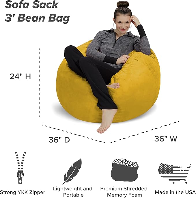 Sofa Sack Bean Bag Chair - Plush, Ultra Soft - Memory Foam Bean Bag Chair with Microsuede Cover - Stuffed Foam Filled Furniture and Accessories for Dorm Room 3 Feet - Lemon