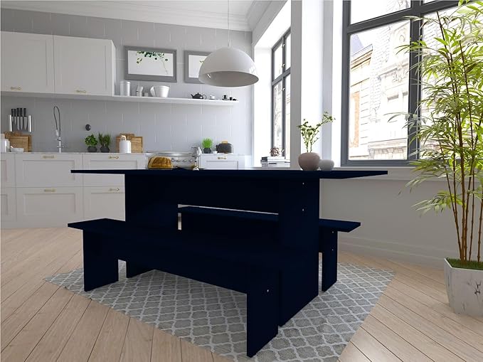 Manhattan Comfort Nomad 3 Piece Dining Set for 6 with Modern Kitchen Table and 2 Benches, Farmhouse Furniture with Rustic Wood Grain Finish, Pedestal Base, Easy Assembly, Midnight Blue