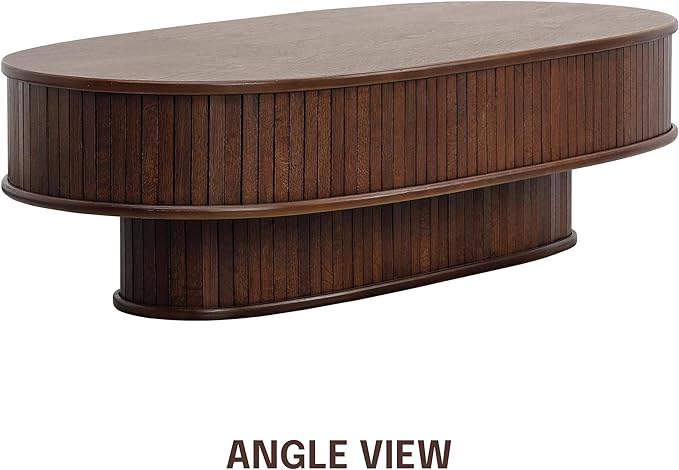 NTC Stream DOU Coffee Table, Modern Double-Layer Oval Wooden Center Table with Vertical Groove Design, Stylish Living Room Decor, Contemporary Minimalist Style, Easy Assembly - Dark Walnut