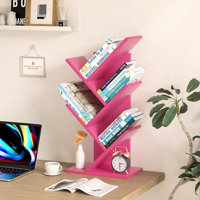 5 Tier Tree Book Shelf, Small Desktop Bookshelf with Storage Organizer, Wood Bookcase, Desk Display Bookshelves, Floor Standing Organizer Bookcases for Living Room,Bedroom,Office-Pink
