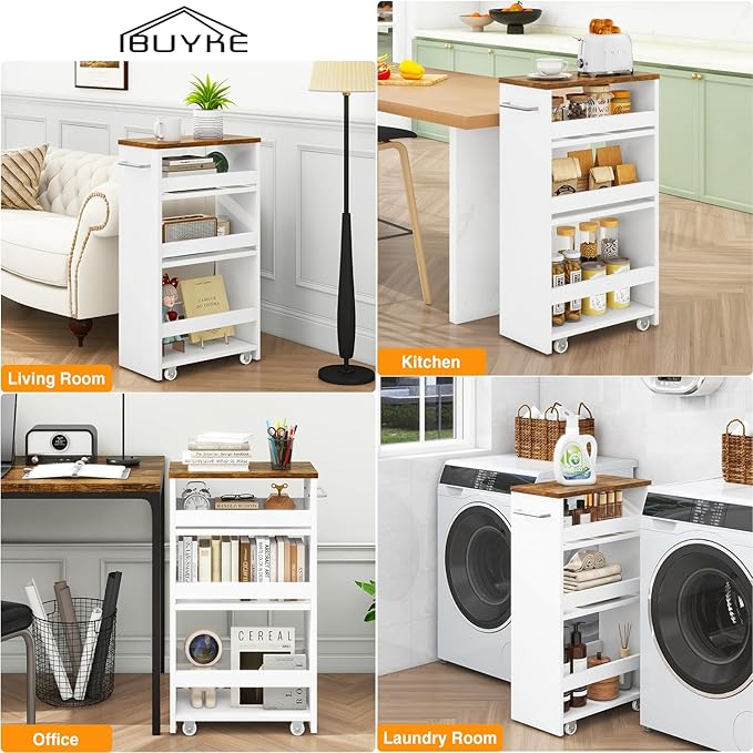 IBUYKE Slim Storage Cart 7.9" W, Rolling Kitchen Storage cart on Wheels for Small Spaces, 4-Tier Laundry Cart with Handle, Slide Out Utility Cart for Kitchen, Bathroom, Laundry,White UWST005W-L