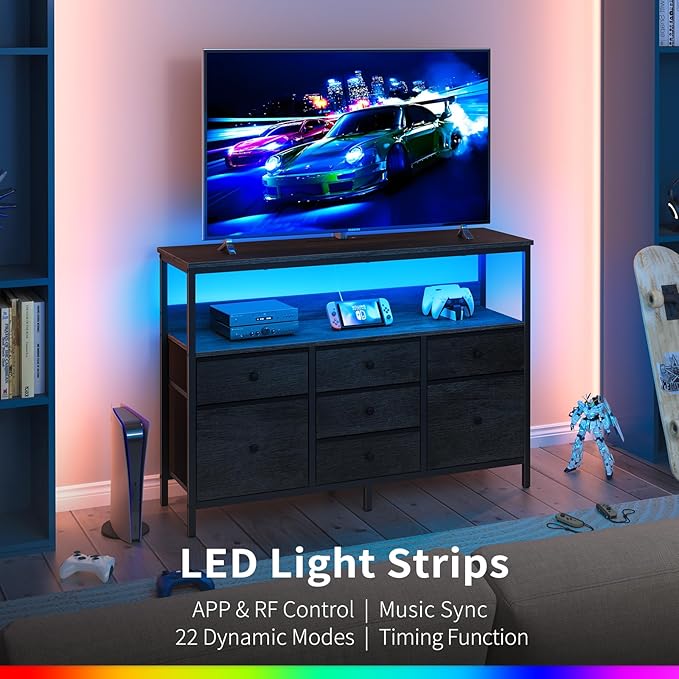 Yoobure LED TV Stand for Bedroom, 50 Inch Kids Dresser with Power Outlets, 7 Drawers Entertainment Center with Storage Shelf, TV Stands Dresser for Bedroom, Living Room, TV Console Entertainment Stand
