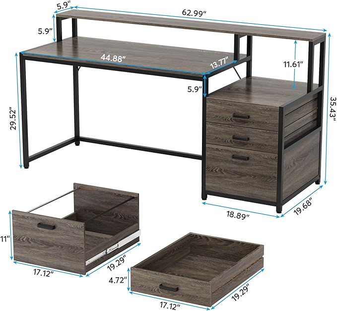 Tribesigns 63 Inch Computer Desk with File Drawer Cabinet, Ergonomic Office Desk with Monitor Stand, Industrial Computer Table with Printer Space, Wood PC Table Workstation Desk for Home Office