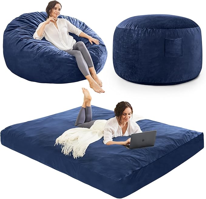 Bean Bag Chairs for Adults - Giant Bean Bag Chair Convertible Bean Bag Bed - Beanbag Chair with Micro Fiber Cover/Furniture Foam Filler - Floor Couch Sofa in Bedroom Dorm Room - Queen Navy Blue