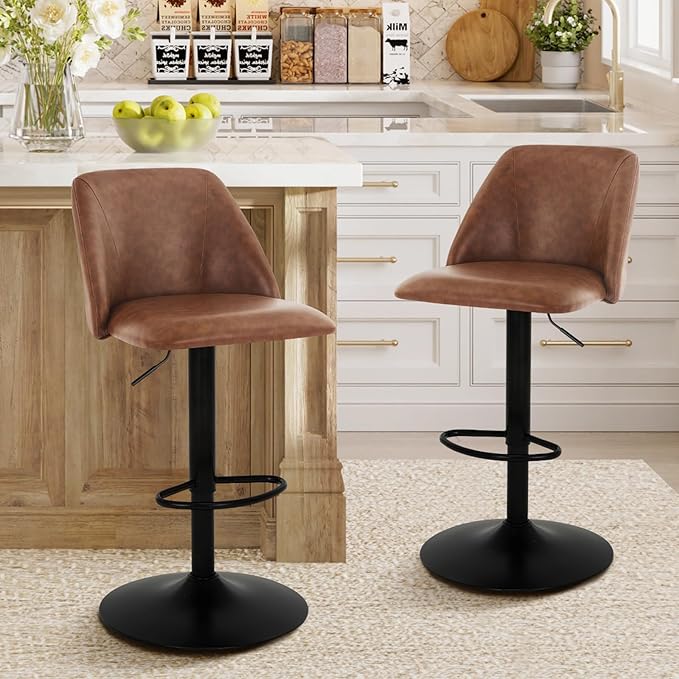 COLAMY Bar Stools Set of 2, Modern Swivel Bar Chairs, Adjustable PU Leather Upholstered Barstools Counter Height with Full Backrest for Bar, Dining Room, Kitchen Island, Brown