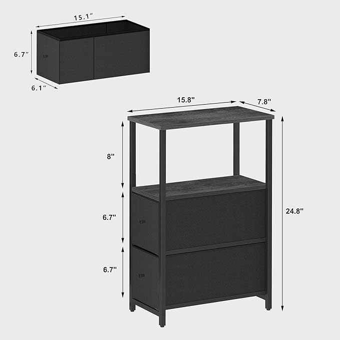 TUTOTAK Small Narrow End Table, Set of 2, Side Table, Nightstand with 2 Cloth Drawers, Couch Table, for Living Room, Bedroom, Bedside, Charcoal Grey TB01BY054