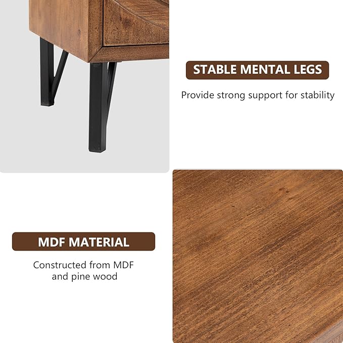 COSIEST Vintage Nightstands Set of 2, Bedside Tables with 2 Storage Drawers, Rustic End Tables for Bedroom and Living Room, Easy to Assemble (Brown, Circle Pattern)