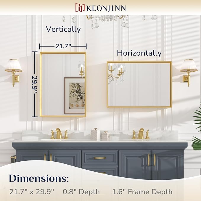 Keonjinn 22 x 30 Inch Gold Bathroom Mirror for Over Sink Brushed Gold Rectangle Wall Mounted Mirror Metal Frame Modern Farmhouse Mirror with Square Corner Framed Mirror(Horizontal/Vertical)