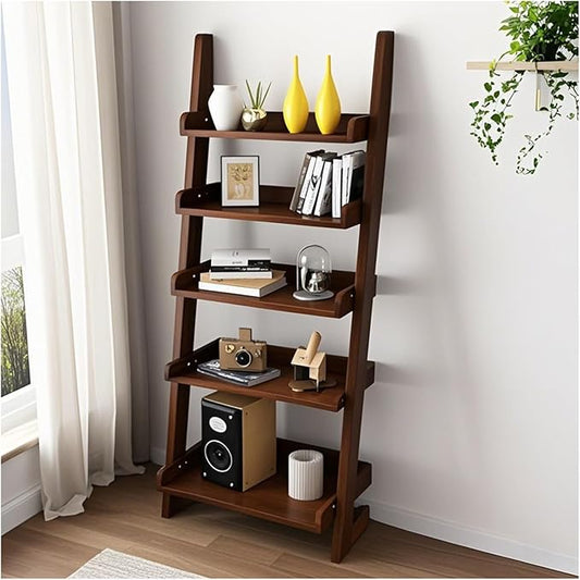 5-Tier Wooden Ladder Shelf Bookcase, H 55" Walnut Ladder Bookshelf Freestanding Storage Shelves Rack Organizer for Living Room, Home Office and Bedroom