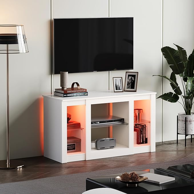 WLIVE TV Stand for 43 Inch TV, Modern Entertainment Center with LED Lights & Adjustable Glass Shelves, Sturdy Media Console for Living Room, Bedroom,Gaming (White)