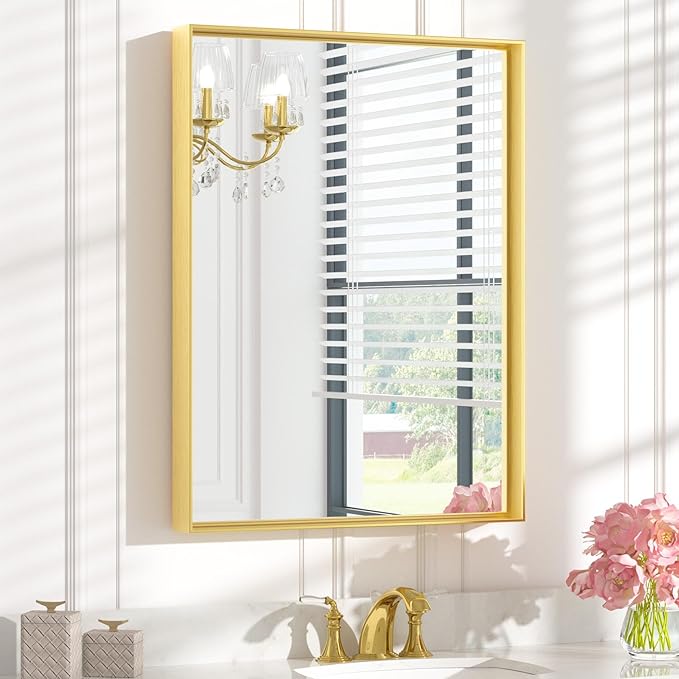 Keonjinn Gold Bathroom Vanity Mirror 24" x 32" Rectangular Wall Mirror Aluminum Alloy Metal Frame Rectangle Modern Farmhouse Mirror Square Corner Framed Mirror for Bathroom Sink(Horizontal/Vertical)