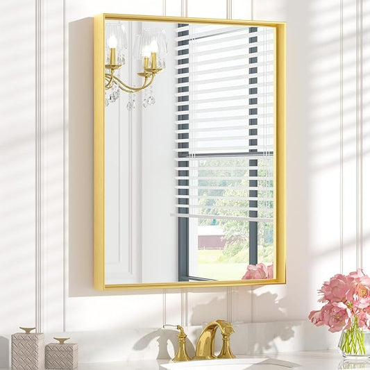 Keonjinn Gold Bathroom Vanity Mirror 24" x 32" Rectangular Wall Mirror Aluminum Alloy Metal Frame Rectangle Modern Farmhouse Mirror Square Corner Framed Mirror for Bathroom Sink(Horizontal/Vertical)