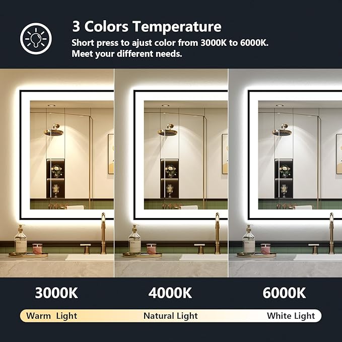 28x32 Inch LED Bathroom Mirror with Lights (Front Lit and Backlit) Black Framed Lighted Vanity Mirror for Bathroom Wall Dimmable Anti-Fog Memory Tempered Glass Horizontal/Vertical