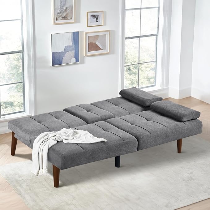 COLAMY Futon Sofa Bed-Fabric Small Couch, Small Lounge Convertible with 2 Cup Holders, Removable Soft Armrest, Adjustable Backrest for Dorm/Bedroom/College