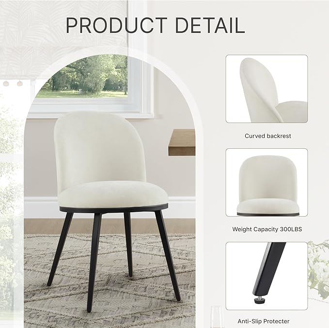 Dining Chairs Set of 6, Fabric Upholstered Dining Room Chairs with Ergonomic Backrest & Metal Legs, Modern Kitchen Side Chairs for Home, Restaurant, and Café, Ivory, 2 Boxs