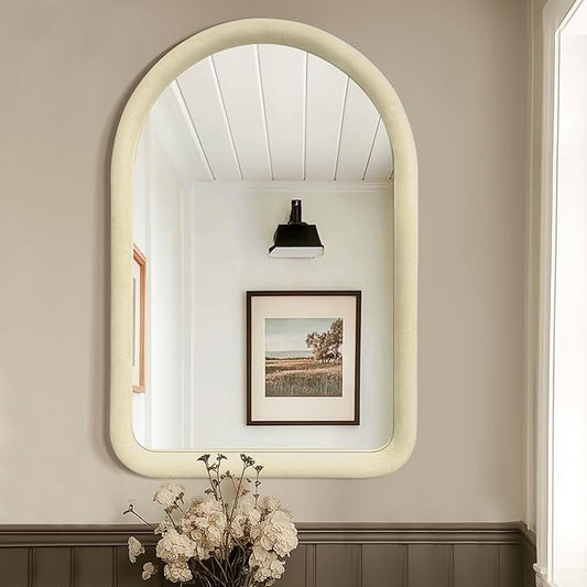 36"x24" Arched Bathroom Mirror, Wall Mounted Vanity Velvet Frame Mirror for Bedroom, Entryway, Living Room, Cream White