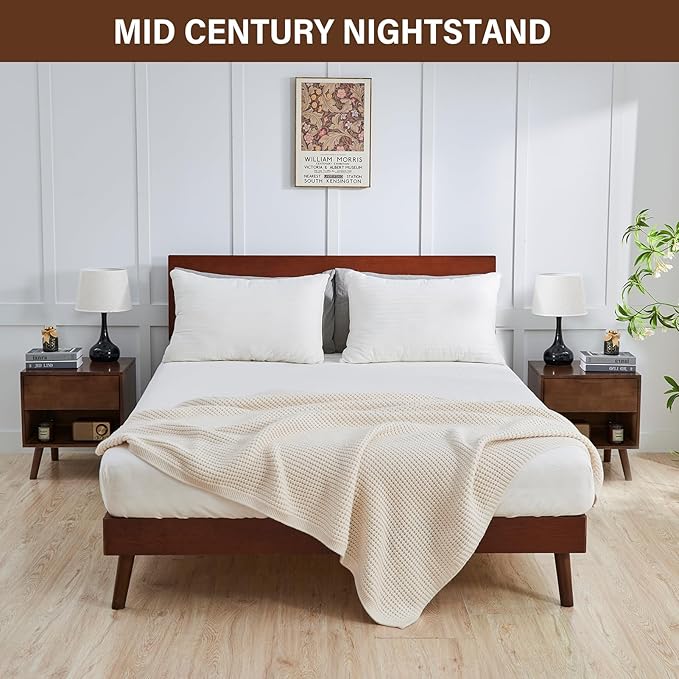 CozyDH Nightstand with Drawer and Opening Storage, Solid Wood Modern Bedside Table for Bedroom, 19" Sofa Side Table with Wooden Legs End Tables Living Room, Walnut
