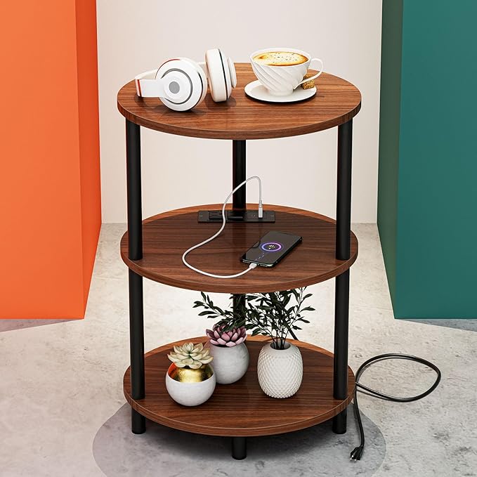Small Round Side Table - 3-Tier Oval Accent Table for Small Spaces, Rustic Wood and Metal Nightstand for Living Room or Bedroom, with Built-in USB Ports and Power Outlet, Rustic Walnut