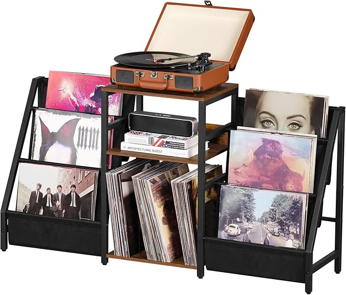 LELELINKY Record Player Stand with Vinyl Storage, 3 Tier Turntable Stand with Display Shelf Storage Up to 180 Albums,Brown End Table Records Cabinet for Media Stereo Speaker, Amplifiers, Magazines
