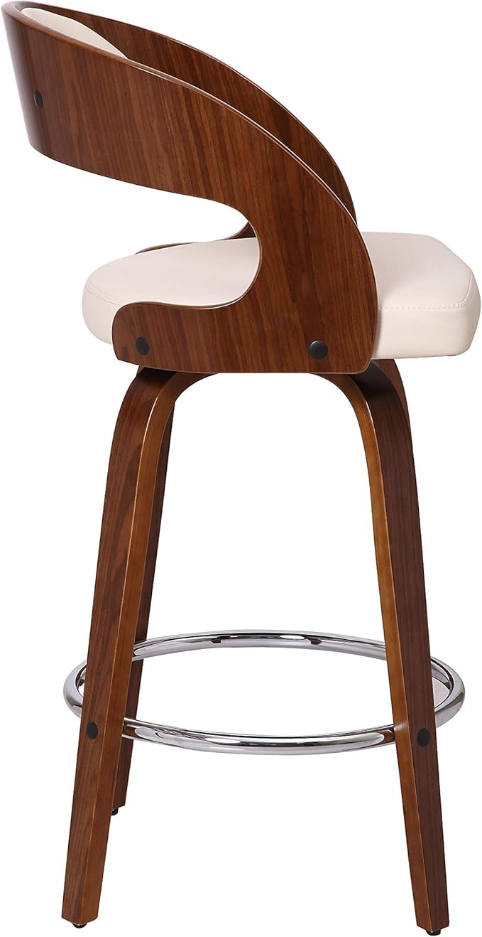 Armen Living Shelly 26" Counter Height Swivel Cream Faux Leather and Walnut Wood Bar Stool - Set of 4
