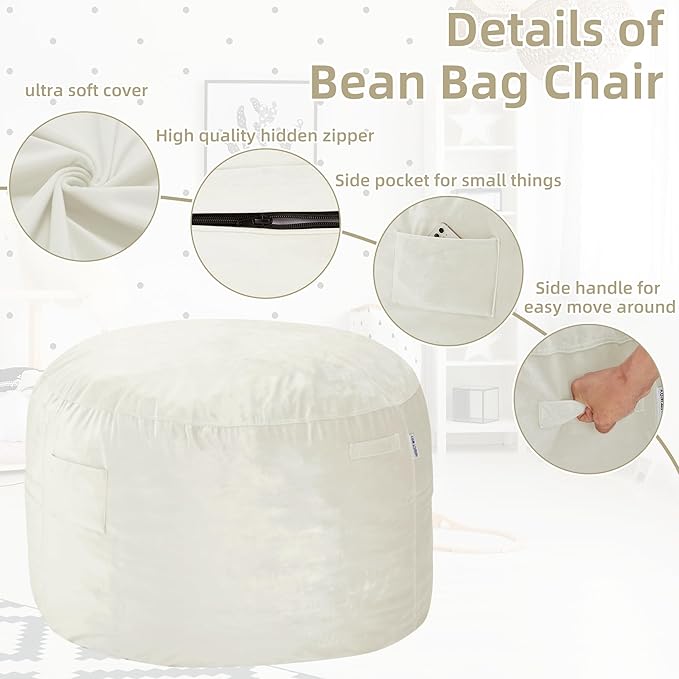 HABUTWAY Bean Bag Chair 3Ft Luxurious Velvet Ultra Soft Fur with High Rebound Memory Foam Bean Bag Chairs for Adults Plush Lazy Sofa with Fluffy Sponge 3' (Beige)
