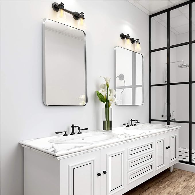 ANDY STAR Brushed Nickel Mirror for Bathroom, 22"x30" Silver Metal Frame Wall Mirror, Rectangular Stainless Steel Rounded Corner Mirror with 1’’ Deep Set Design Hangs Horizontal Or Vertical