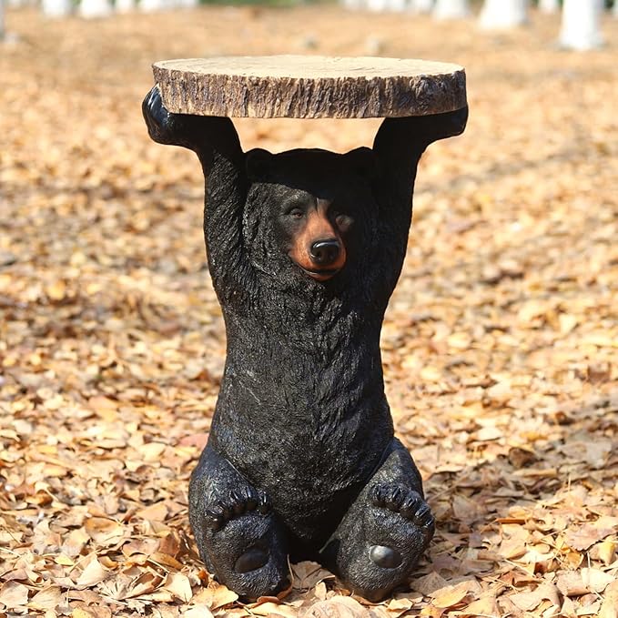 American Black Bear Side Table Pedestal End Table Stool Resin Bear Statue Hand Painted Sculpture Home Office Living Room Decor