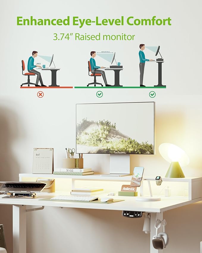 Electric Height Adjustable Standing Desk with Power Outlet and LED Light Strip, Sit to Stand, Ergonomic 48x24 Rising Desk with Memory Presets, Home Office Workstation, Computer Gaming Table, White