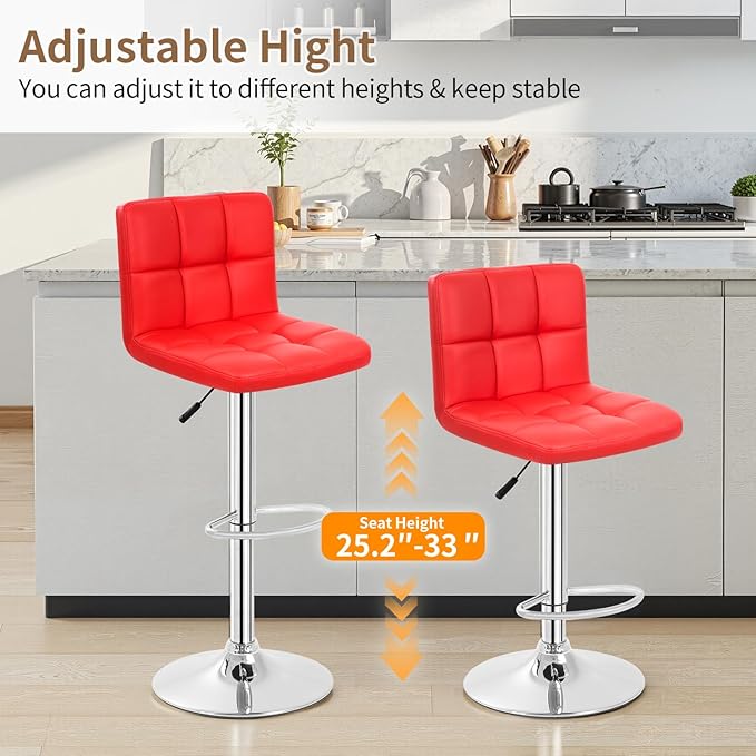 BestOffice Bar Stools Set of 2, Adjustable PU Leather Swivel Barstools, Modern Counter Stools with Back and Footrest, Counter Height Barstools for Bar, Kitchen and Dining Room