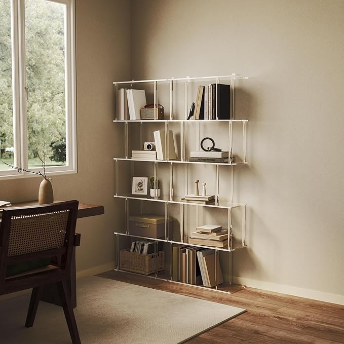 Acrylic Geometric Bookshelf, 6-Tier Clear Bookcase, S Shaped Bookshelf, Modern Display Book Shelf for Living Room, Bedroom, Office, 9.3" D x 22.4" W x 61.46" H, Easy Assembly