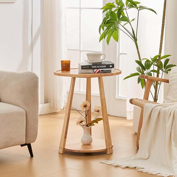 Round Solid Wood Side Table - Small Round Wooden End Table, Modern Living Room Side Beside Tables with Shelf for Couch Sofa Armchair Office Bedroom, Natural, 19.6 in x 19.6 in x 23.6 in