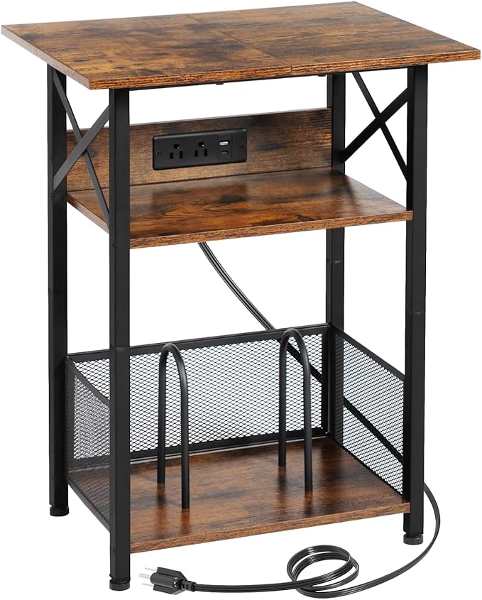 AMHANCIBLE Record Player Stand with Charging Station, Large Turntable Stand with Storage Cabinet, 3 Tier End Table Hold Up to 100 Albums, Record Stand for Vinyl, Living Room, Brown, HETCD012BR-1