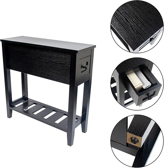 Narrow End Table, Black Couch Table with Drawer, Slim Bed Side Table for Small Space/Night Stand Set of 2, Side Table for Couch