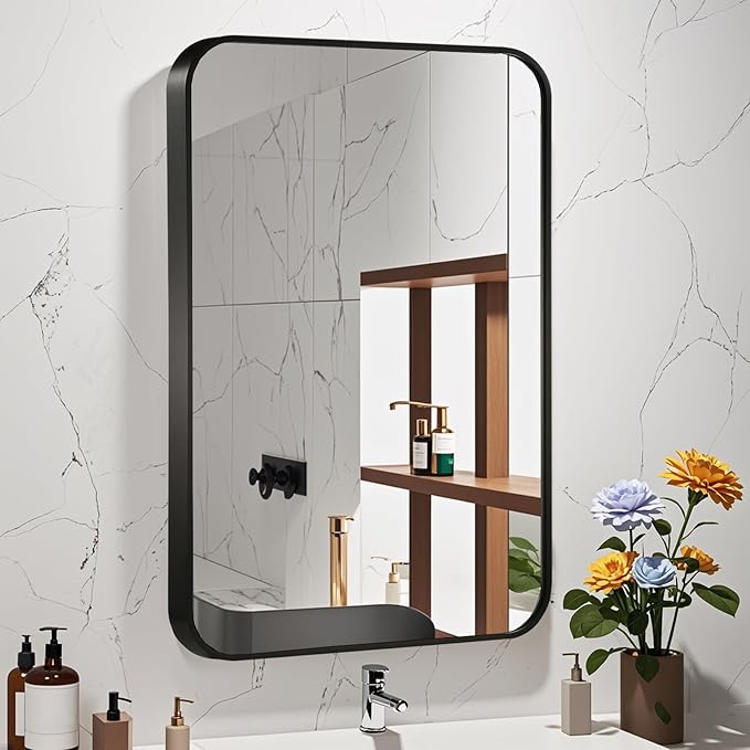 20x28 Inch Black Wall Mirror for Bathroom, Brushed Metal Framed Mirror with Rounded Corner, Rectangle Bathroom Vanity Mirror for Bedroom or Living Room, Horizontal/Vertical