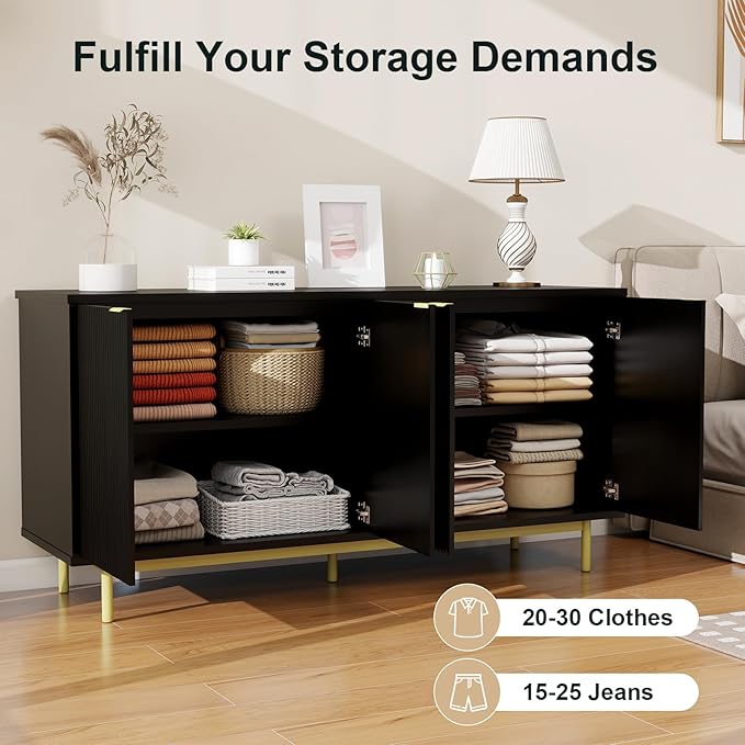 Vipbear Modern TV Stand for 65 Inch TV,Entertainment Center with Storage Cabinets and Adjustable Shelves, Media Console Table, Wood Television Furniture for Living Room, Bedroom, Black
