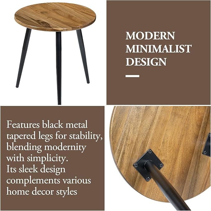 MyGift 20.5 Inch Mid Century Round End Table, Premium Acacia Solid Wood Accent Side Table with Black Metal Tapered Legs