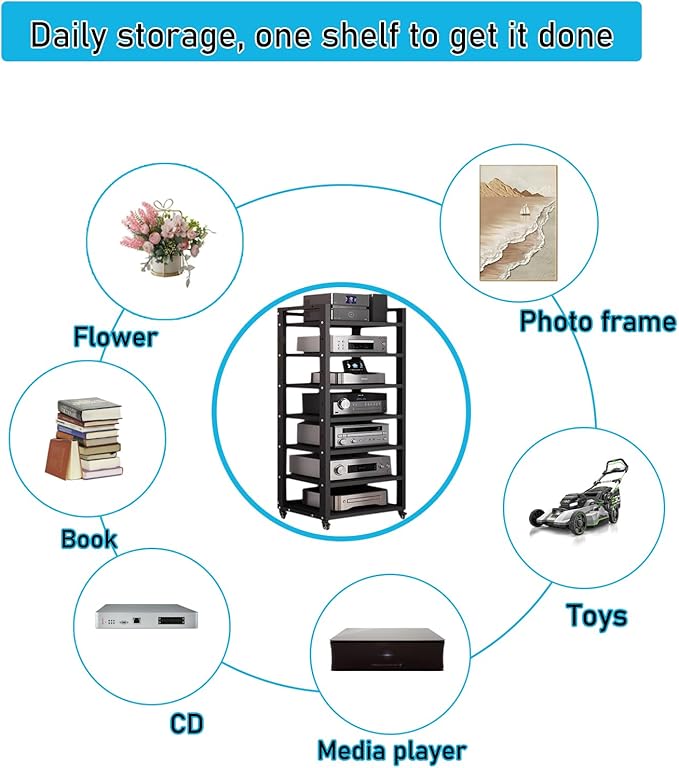 7 Tier Audio Rack Tower, CD Record Player Stereo Receiver AV Equipment Cabinet Display Rack, Weight Capacity 661 lbs, with Adjustable Wooden Shelves for Home (BIACK, 7 Tier 55×19.7×15.7IN)