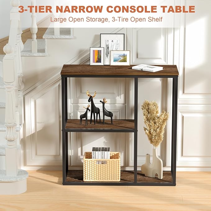 WOHOMO Console Table, Small Entryway Table with Storage Shelves 12'' Narrow Sofa Table Modern Hallway Table for Living Room 31.5" x12''x31.5'' Walnut