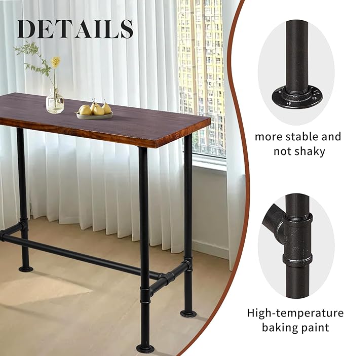 Diwhy DIY Industrial Design Pipe Dining Table Casual Pub BAR Laptop Table Modern Studio Wood and Metal Rectangular Dining Table homeoffice Desk Breakfast high bar Table Brown Desktop 47.3" × 23.6"