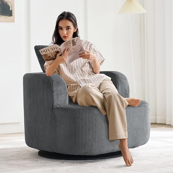 Furnimart 360° Swivel Barrel Accent Chair Set of 2, Round Upholstered Comfy Lounge Chair, Corduroy High-Resilienc Foam Single Sofa, No Assembly Wide Seat for Living Room, Bedroom, Apartment (Gray)