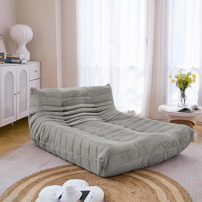 N&V Fireside Lounge Chaise Chair, Mid Century Armless Floor Lounger Sofa, Soft Premium Corduroy Floor Lounge Chair, Foam Sofa Accent Lounger for Living Room Bedroom and Office, Harbour Grey