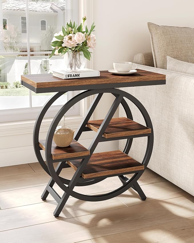 End Table, Narrow Side Table with 4-Tier Large Storage Space, Modern Bedside Table for Living Room, Home Office, Bedroom, Brown