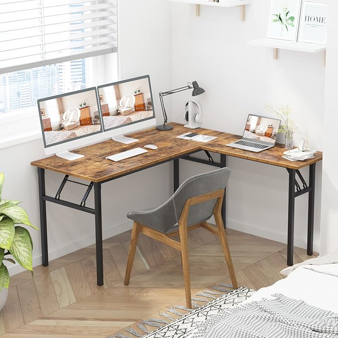DlandHome L-Shaped Desk Large Corner Desk Folding Table Computer Desk Home Office Table Computer Workstation, ND11 (Rustic Brown)