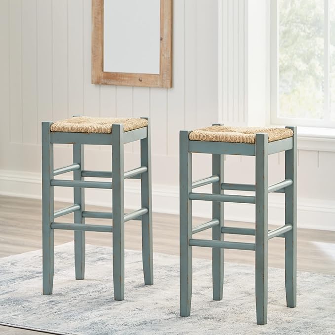Signature Design by Ashley Mirimyn Farmhouse 29.5" Bar Height Bar Stool with Woven Wicker Seats, 2 Count, Green & Light Brown