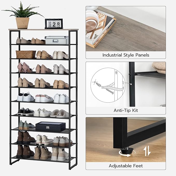 HOOBRO 10-Tier Shoe Rack, 29.5" L Shoe Storage Organizer, Large Capacity Shoe Shelf for Front Door Entrance, Entryway, Hallway, Holds 36-40 Pairs of Shoes, Closet, Greige and Black BG107XJ01