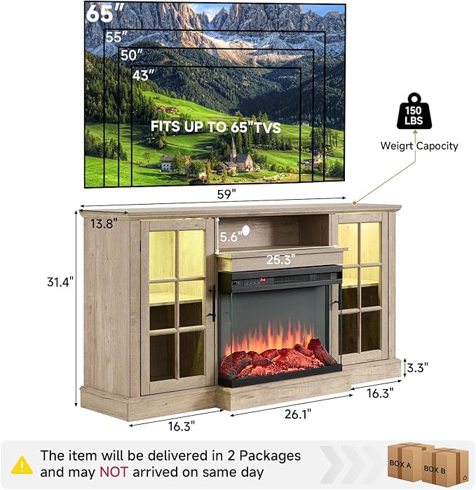 ROCKPOINT 3 Sided Glass 59" Fireplace TV Stand for TVs up to 65", Media Entertainment Center with Glass Door Storage Cabinet for Living Room,24" Electric Fireplace & Adjustable LED Light,Grey