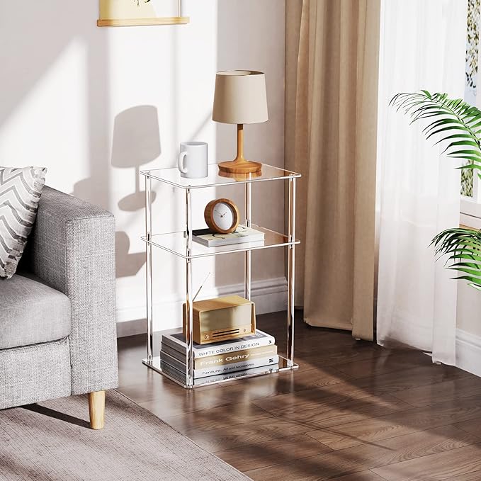 Clear Acrylic Side Table, 3-Tier End Table for Living Room, Small Bedside Tables Nightstand for Bedroom, Home Decor Accent Table, 15.7" L x 11.8" W x 23.6" H